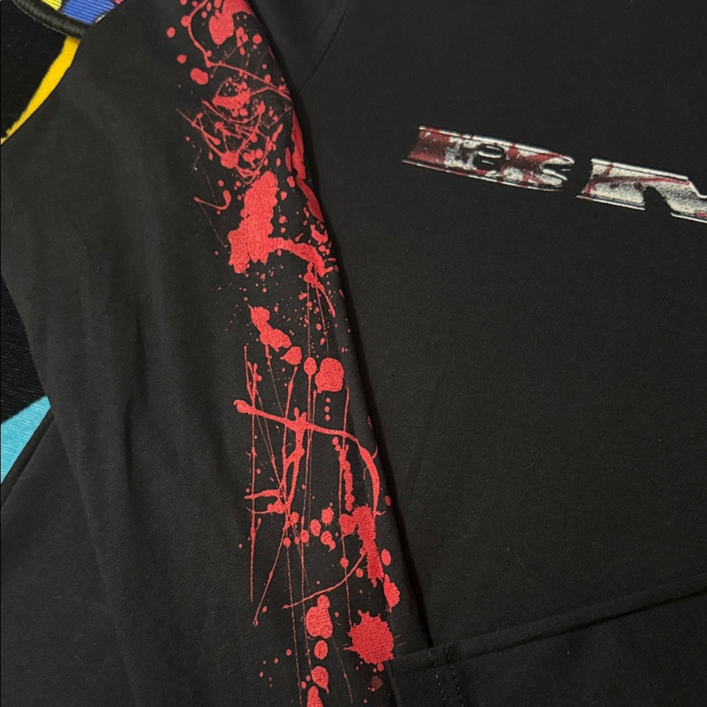 Next Level Apparel Black Long Sleeve Tee with Red Sleeve Splatter - Picture 3 of 16